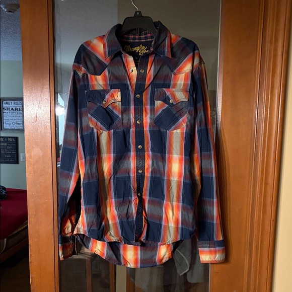 Wrangler Other - Wrangler Navy and Orange Plaid Shirt